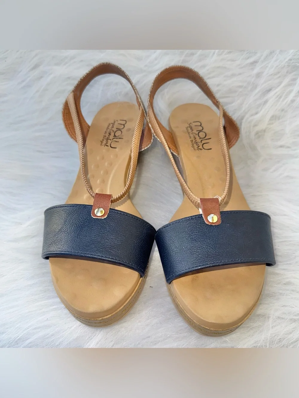Malu Super Comfort Navy Wedge Sandals Made in Brazil – Women’s 7 NWOT